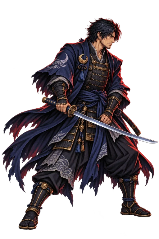 Akira, an adult swordsman in dark layered robes holding a katana