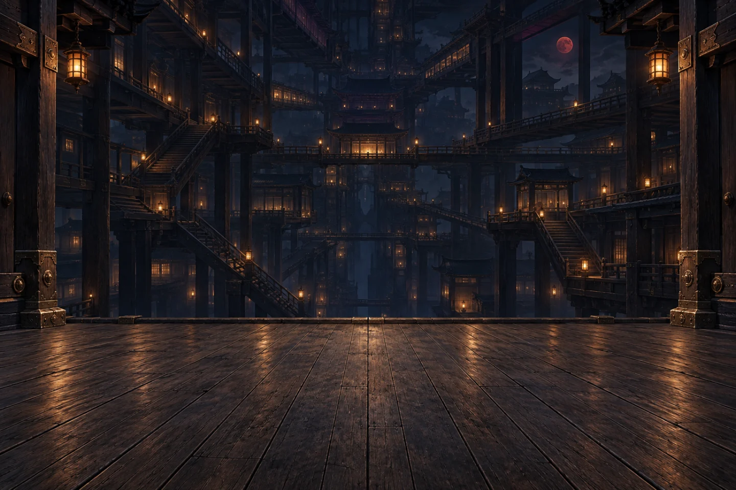 A dark timber castle with lantern-lit galleries and a red moon