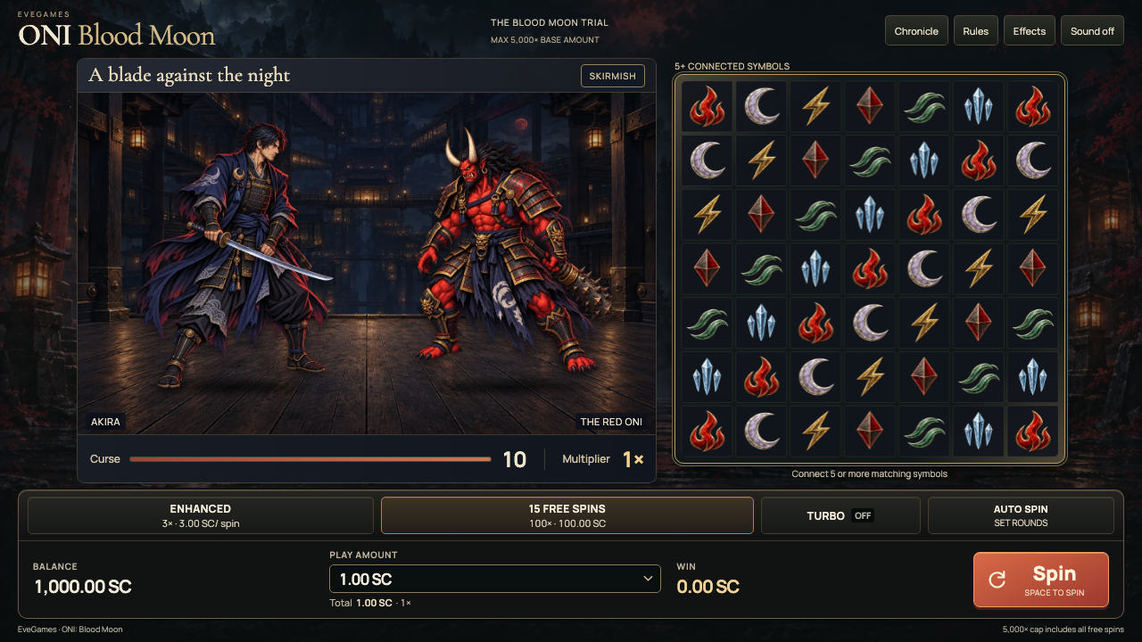Akira facing the Red Oni in a lantern-lit castle beside the six-rune board