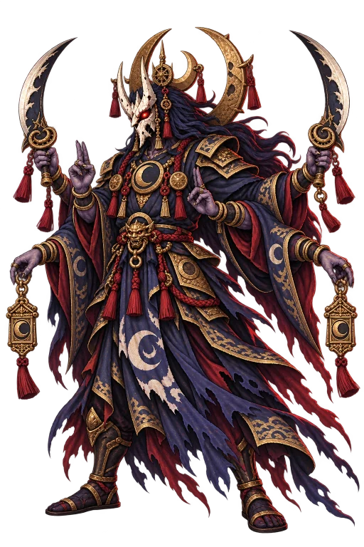 The masked, six-armed Blood Moon Lord with curved moon blades
