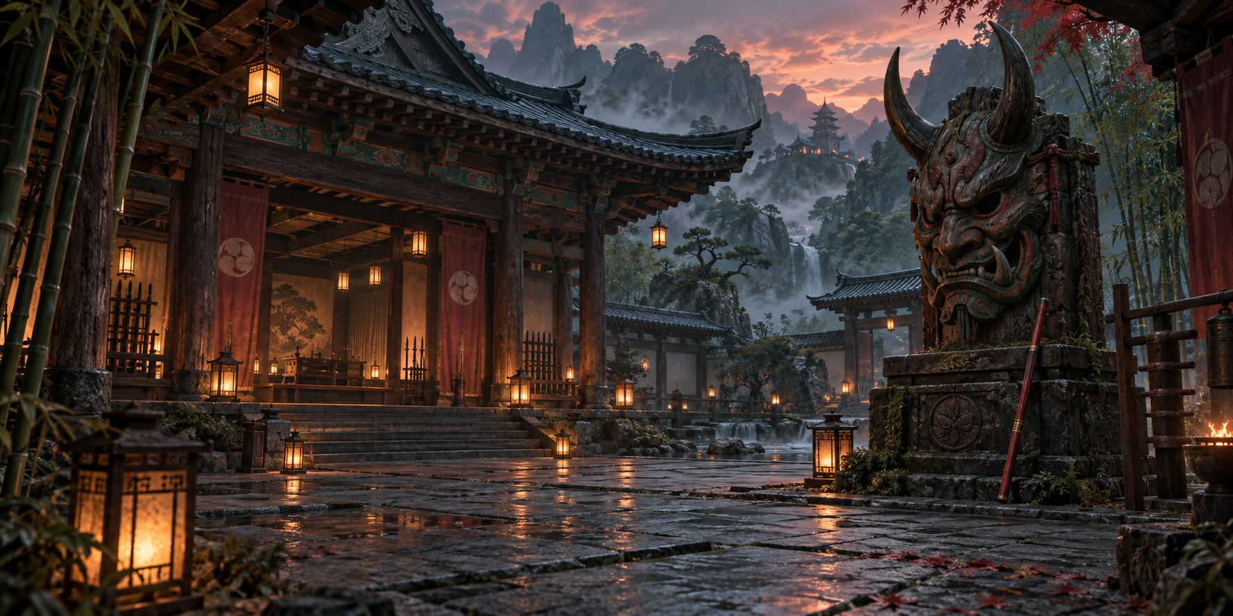 Oni Dojo concept artwork: a lantern-lit training courtyard beneath mountain peaks