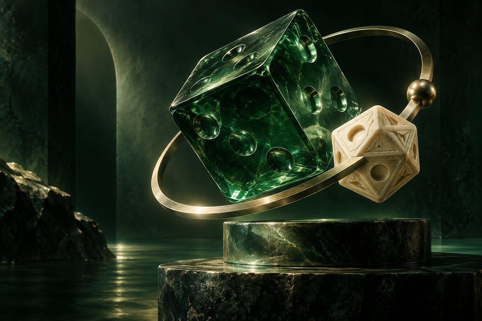 A luminous jade glass gaming sculpture encircled by a metallic orbit